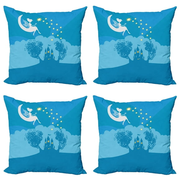 Ambesonne Fantasy Throw Pillow Cover 4 Pack, Tale Cartoon Girl, 18", White Blue