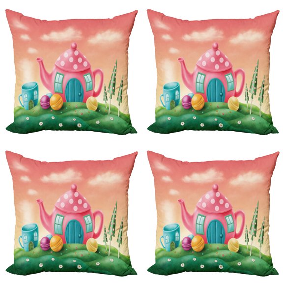 Ambesonne Fantasy Throw Pillow Cover 4 Pack, Teapot and Teacup House, 18", Pink Green