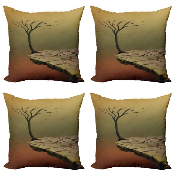 Ambesonne Fantasy Throw Pillow Cover 4 Pack, Tree on Cliff Precipice, 24", Sand Brown Cinnamon
