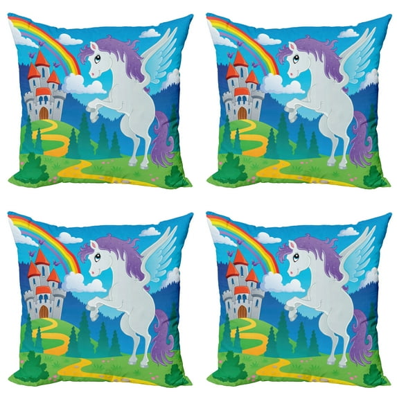 Ambesonne Fantasy Throw Pillow Cover 4 Pack, Unicorn with Rainbow, 16", Multicolor