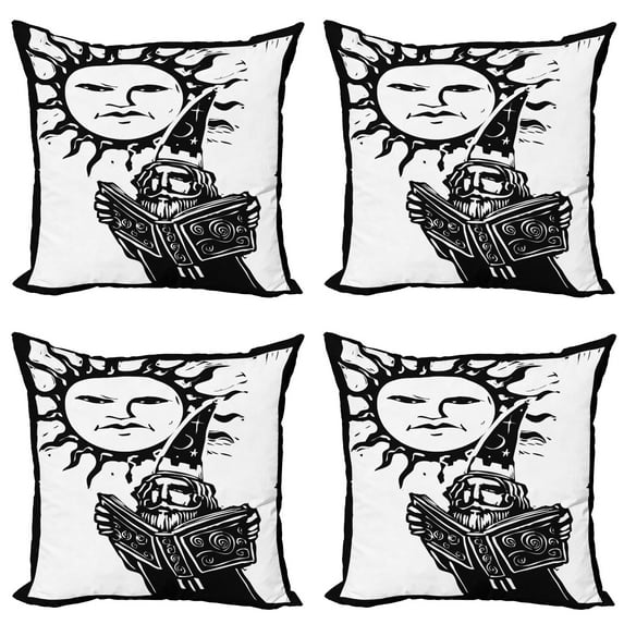 Ambesonne Fantasy Throw Pillow Cover 4 Pack, Wizard with Magic Book, 16", White Black