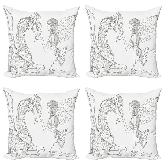 Ambesonne Fantasy Throw Pillow Cover 4 Pack, Woman and Dragon, 18", Black White