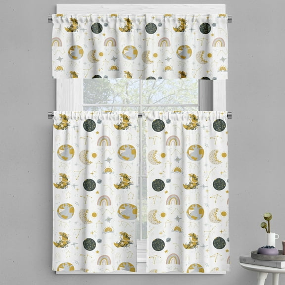 Ambesonne Fantasy Valance & Curtain, Rainbow Star Moon Flowers, 55"x24", Dark Yellow Pale Mustard