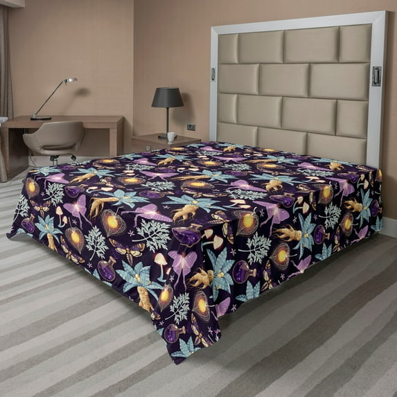Ambesonne Fantasy Vibes Flat Bedding Sheet Soft Top Sheet, Retro Death Moth Art, Queen, Dark Purple and Blue Grey