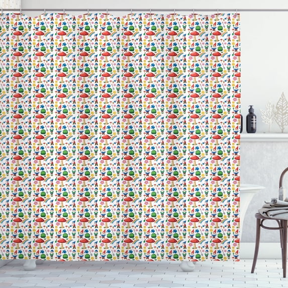 Ambesonne Fantasy Vibes Shower Curtain, Colorful Gnomes Print, 69"Wx84"L, White Multicolor