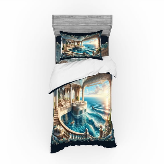 Ambesonne Fantasy World Bedding Set 3 Pcs, Balcony to the Ocean, TwinXL, Dark Turquoise and Ecru