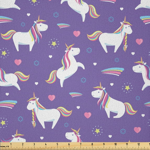 Ambesonne Fantasy World Fabric by the Yard Microfiber, Unicorns Rainbow Mane, 10 Yards, Blue Violet Multicolor