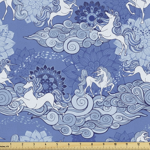 Ambesonne Fantasy World Fabric by the Yard Upholstery, Unicorns and Clouds, 3 Yards, Ceil Blue Pale Blue