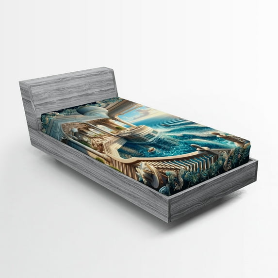 Ambesonne Fantasy World Fitted Sheet, Balcony to the Ocean, Twin Size, Dark Turquoise and Ecru