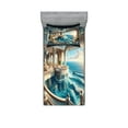 thumbnail image 1 of Ambesonne Fantasy World Fitted Sheet & Pillow Sham Set, Balcony to the Ocean, Twinxl, Dark Turquoise and Ecru, 1 of 2
