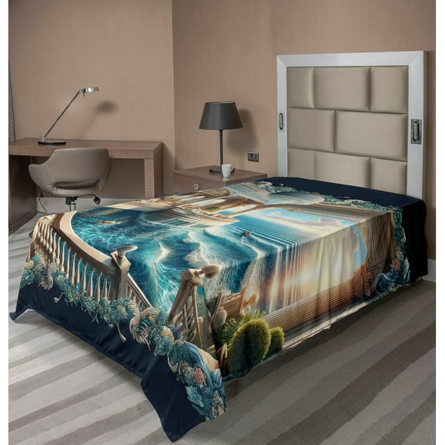 Ambesonne Fantasy World Flat Sheet, Balcony to the Ocean, TwinXL Size, Dark Turquoise and Ecru