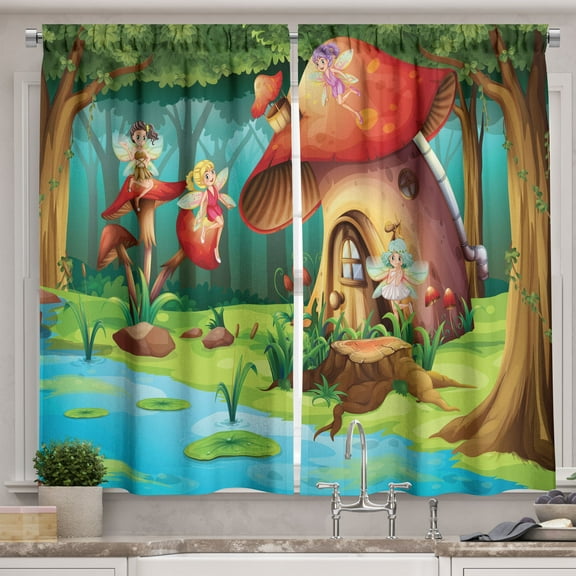 Ambesonne Fantasy World Kitchen Curtains, Fairies Flying Around, 55"x36", Multicolor