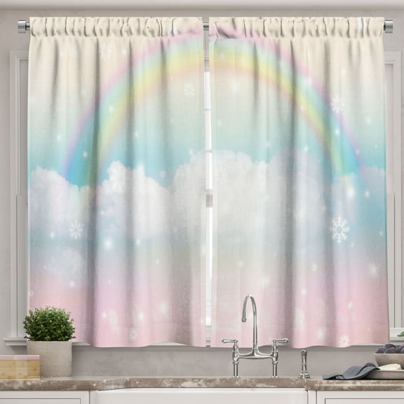 Ambesonne Fantasy World Kitchen Curtains, Rainbow over Clouds, 55"x30", Multicolor