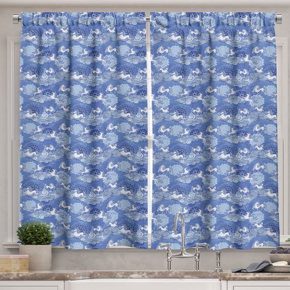 Ambesonne Fantasy World Kitchen Curtains, Unicorns and Clouds, 55"x45", Ceil Blue Pale Blue