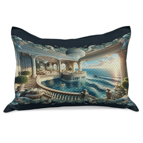 Ambesonne Fantasy World Knitted Quilt Pillowcover, Balcony to the Ocean, 36"x20", Dark Turquoise and Ecru