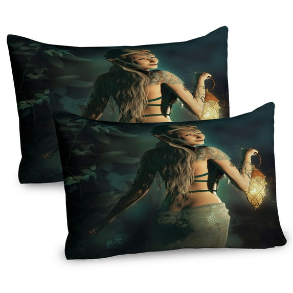 Ambesonne Fantasy World Pillow Sham 2 Pack, Digital Forest Elf, 26"x20", Petrol Blue Beige