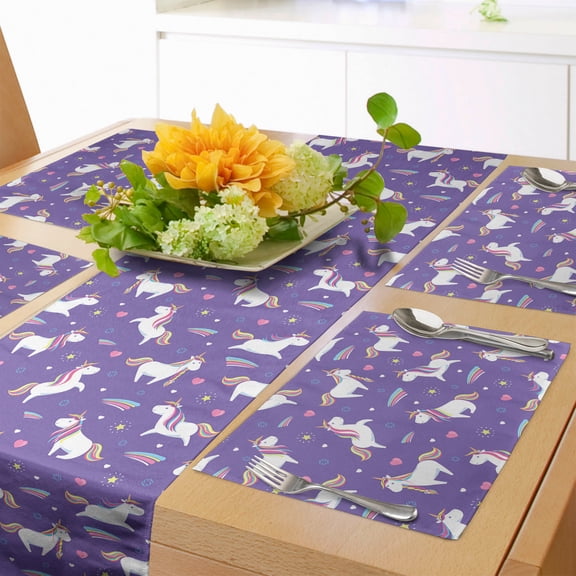 Ambesonne Fantasy World Table Runner & Placemats, Unicorns Rainbow Mane, Placemat 4 pcs + Runner 16"x72", Blue Violet Multicolor
