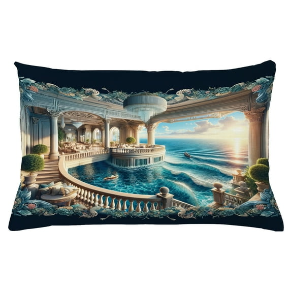 Ambesonne Fantasy World Throw Pillow Cushion Cover, Balcony to the Ocean, 26" X 16", Dark Turquoise and Ecru