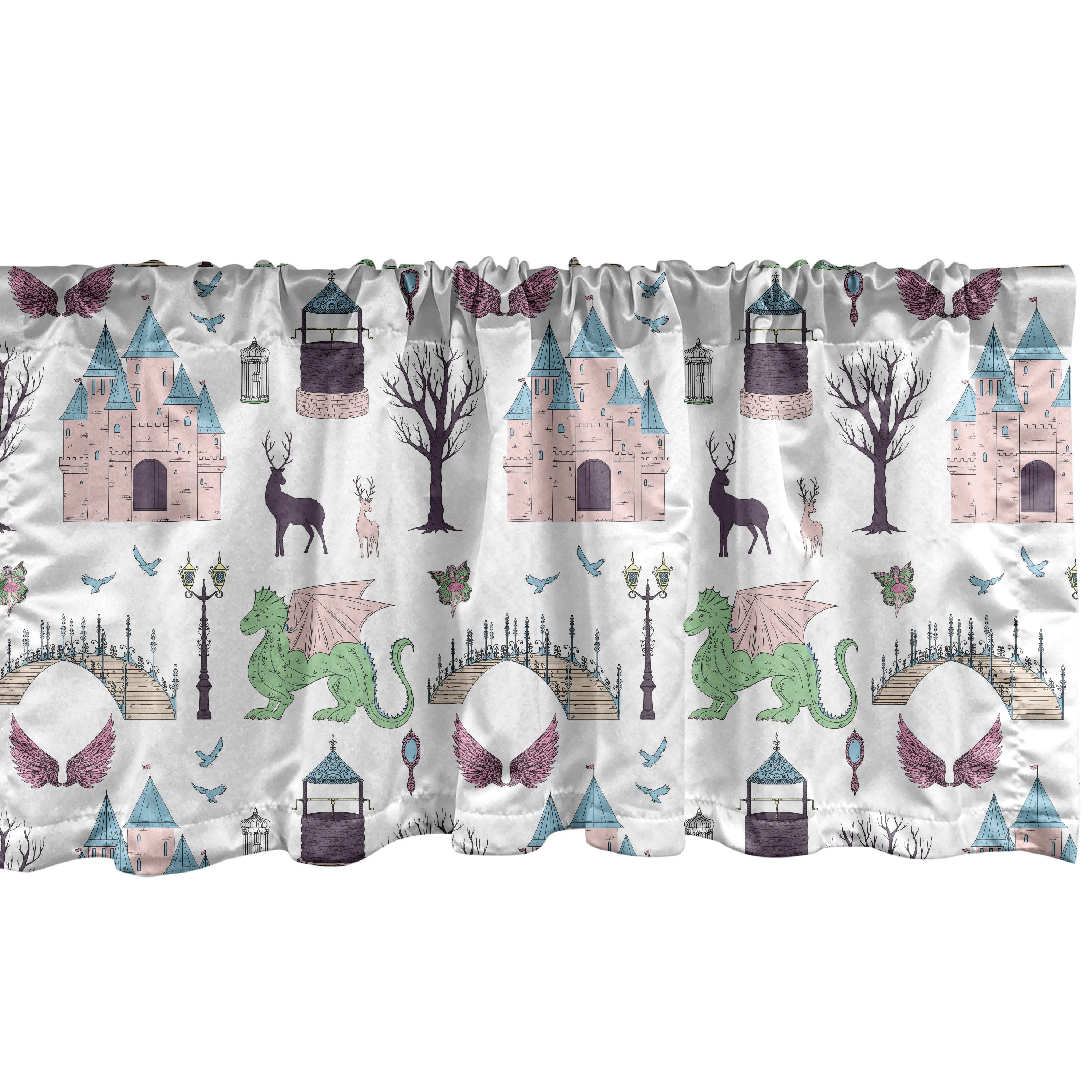 Ambesonne Fantasy World Window Valance, Castles Dragons Deers, 54