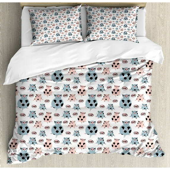 Ambesonne Farm Animal Duvet Cover Set, Cartoon Pigs Art, 2-Calking, Blue Grey Blush