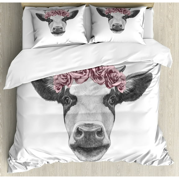 Ambesonne Farm Animal Duvet Cover Sets, Cow with Roses Wreath, 2-Queen, Grey Rose