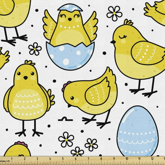 Ambesonne Farm Animal Fabric by the Yard Upholstery, Chicks and Easter Eggs, 10 Yards, Yellow Pale Blue White