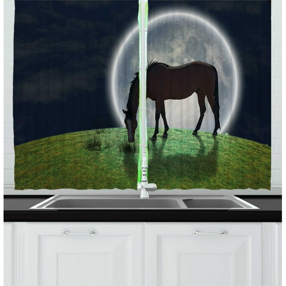 Ambesonne Farm Animal Kitchen Curtains, Horse on Hill Full Moon, 55"x45", Night Blue Fern Green