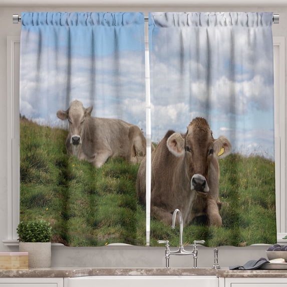 Ambesonne Farm Animal Kitchen Curtains, Resting Cows and Sky, 55"x39", Multicolor
