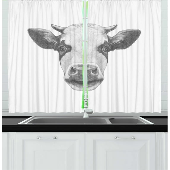 Ambesonne Farm Animal Kitchen Curtains, Sketch Portrait of Cow, 55"x45", Dark Grey Pale Grey