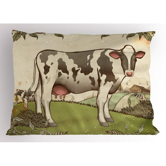 Ambesonne Farm Animal Pillow Sham, Dairy Cattle Farmland, 26" X 20", Multicolor