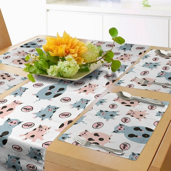 Ambesonne Farm Animal Table Runner & Placemats, Cartoon Pigs Art, Placemat 4 pcs + Runner 12"x90", Blue Grey Blush