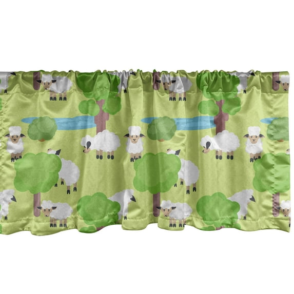 Ambesonne Farm Animal Window Valance, Cartoon Sheep in Forest, 42" x 12", Pale Green Multicolor