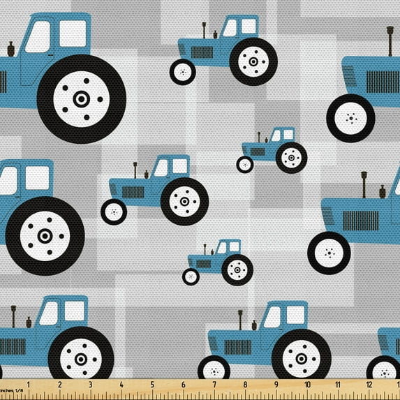 Ambesonne Farm Fabric by the Yard Upholstery, Tractor Trucks Harvest Art, 5 Yards, Sea Blue and Pale Grey