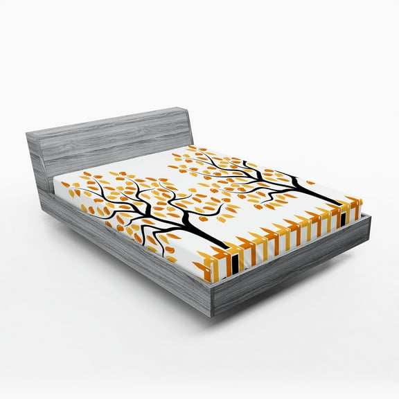 Ambesonne Farm House Fitted Sheet, Fall Autumn Trees, Full Size, Orange Black