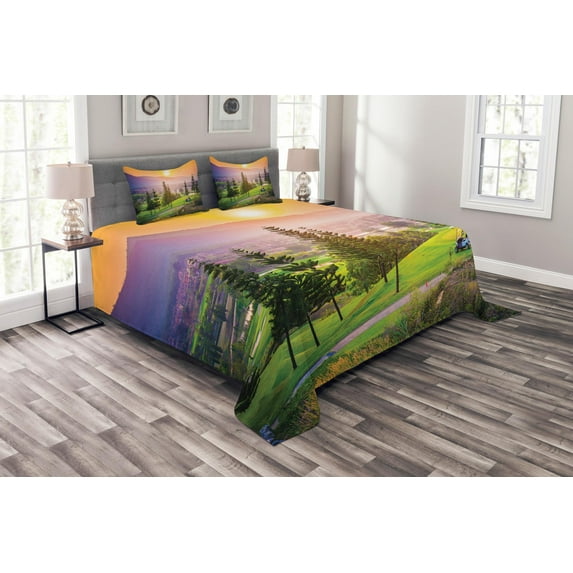 Ambesonne Farm House Quilted Bedspread Set 3 Pcs, Golf Spring Sunset, King Size, Multicolor