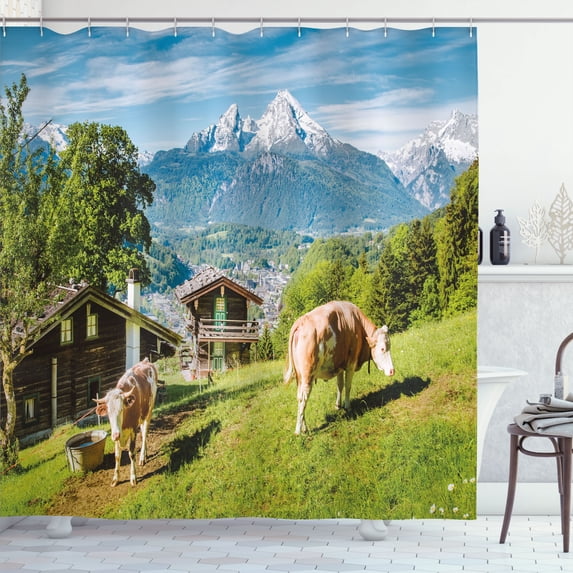 Ambesonne Farm House Shower Curtain, Chalets Cows on Meadow, 69"Wx84"L, Cadet Blue Olive Green
