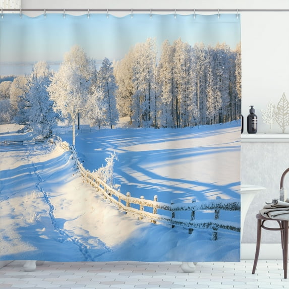 Ambesonne Farm House Shower Curtain, Winter Snowy Pines, 69"Wx84"L, White Blue