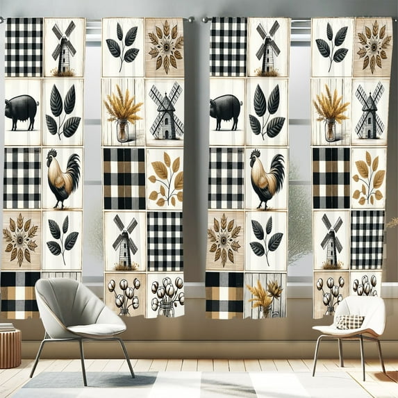 Ambesonne Farmhouse 4-Panel Curtains, Cottagecore Squares Motif, 56"x63", Pale Brown Charcoal Grey