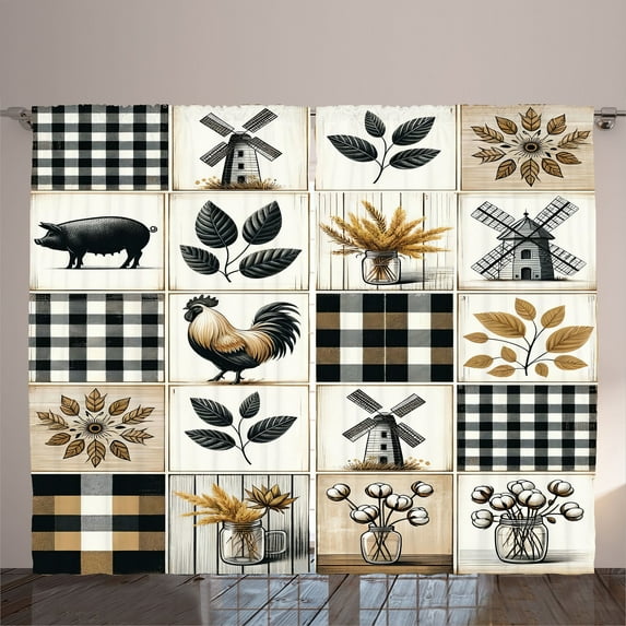 Ambesonne Farmhouse Curtains 2 Panel Set, Cottagecore Squares Motif, 108" x 90", Pale Brown Charcoal Grey