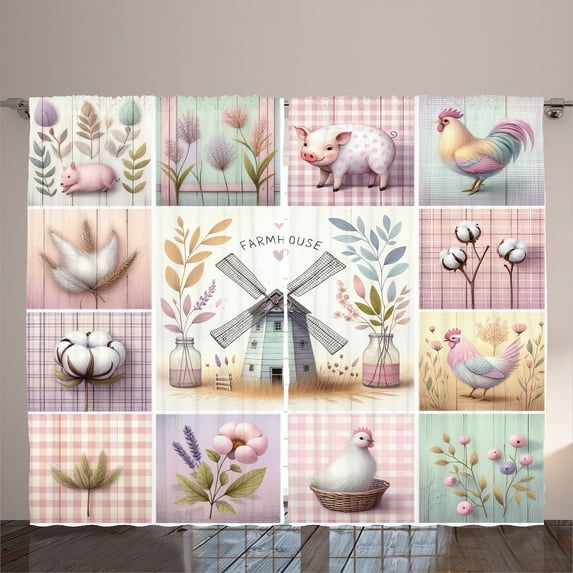 Ambesonne Farmhouse Curtains 2 Panel Set, Pastel Cottagecore Square, 108" x 63", Lilac Rose Mint Green