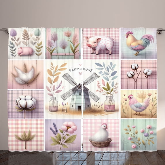 Ambesonne Farmhouse Curtains 2 Panel Set, Pastel Cottagecore Square, 108" x 96", Lilac Rose Mint Green