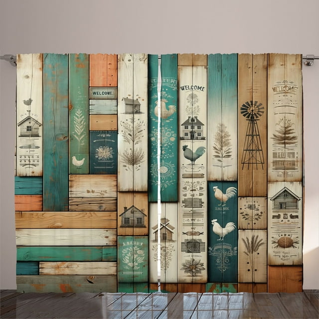 Ambesonne Farmhouse Curtains 2 Panel Set, Rustic Wooden Planks Art, 108" x 63", Turquoise Camel and Eggshell