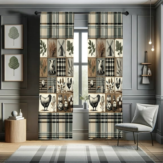 Ambesonne Farmhouse Curtains 2 Panel Set, Village Life on Plaid, Pair of - 28" x 63", Cocoa Grey Teal and Green