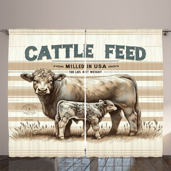 Ambesonne Farmhouse Curtains 2 Panel Set, Vintage Cow on Stripes, 108" x 63", Tan Ivory Warm Taupe