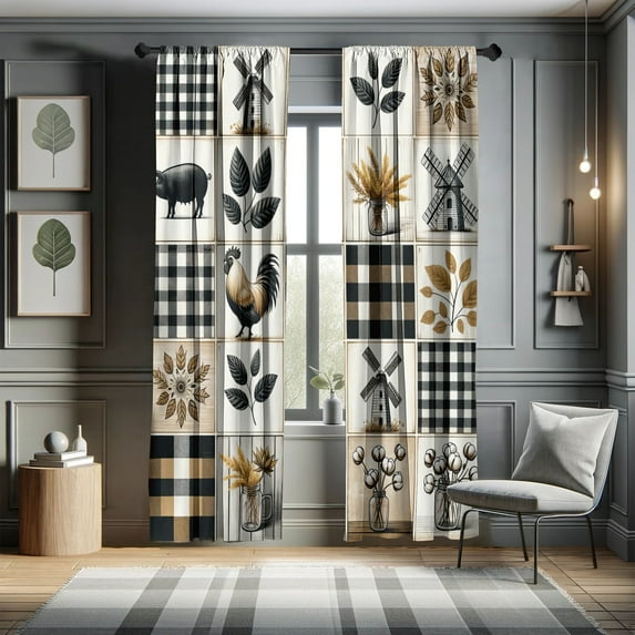 Ambesonne Farmhouse Curtains, Cottagecore Squares Motif, Pair of 28"x63", Pale Brown Charcoal Grey