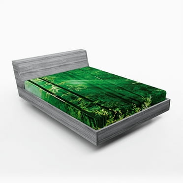 Ambesonne Farmhouse Fitted Sheet, Forest Trees Morning, Queen Size, Green White