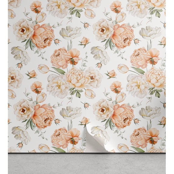 Ambesonne Farmhouse Peel & Stick Wallpaper for Home, Nostalgia Rose Flowery, 13"x36", Pale Salmon Coconut Green