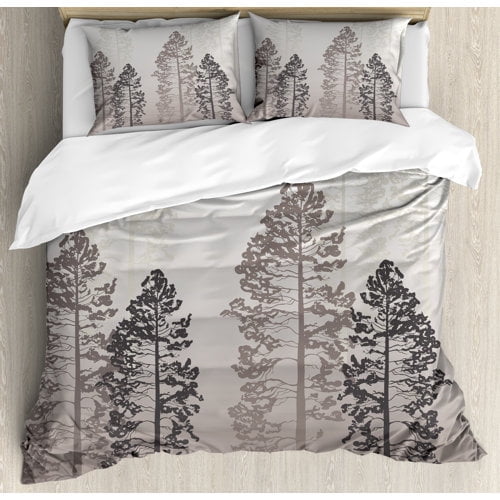 Ambesonne Farmhouse Pine Trees in the Forest on Foggy Ombre Backdrop Wildlife Adventure Artwork Duvet Cover Set