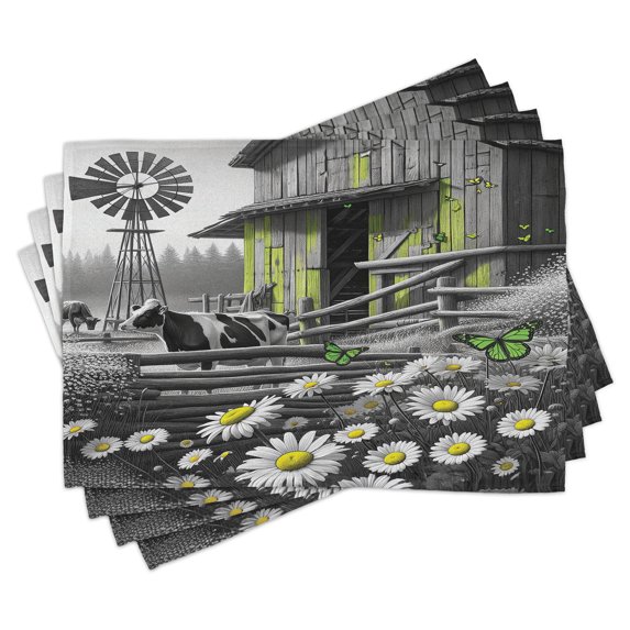 Ambesonne Farmhouse Place Mats Set of 4, Barn with Cow Butterflies, Standard Size, Lime Green and Grey