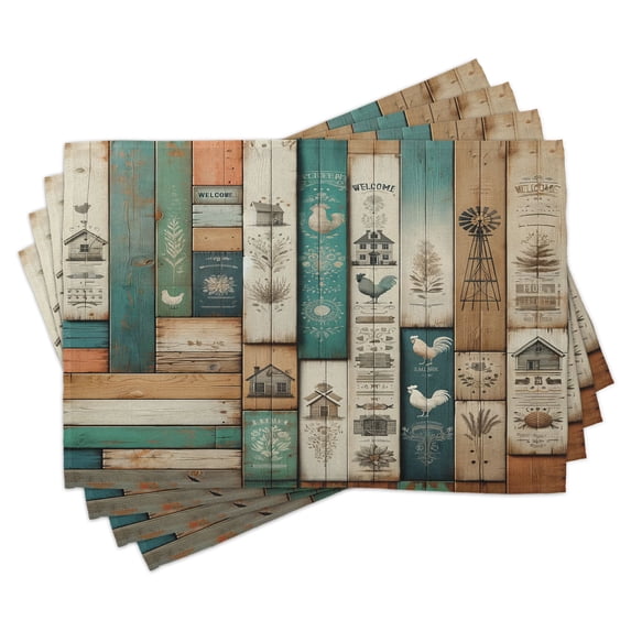 Ambesonne Farmhouse Place Mats Set of 4, Rustic Wooden Planks Art, Standard Size, Turquoise Camel and Eggshell